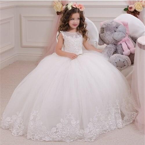 White Flower Girl Dress Kids Pageant Birthday Formal Party Lace Long Dress Bowknot First Communion Dress Prom Gown 2-14Y