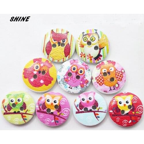 SHINE Wooden Sewing Buttons Scrapbooking Round Two Holes Owl Mixed 15mm Dia. 50PCs Costura Botones Decorate bottoni botoes