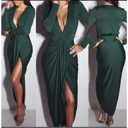 European and American fashion womens wear dark green V collar long sleeve pleated long dress