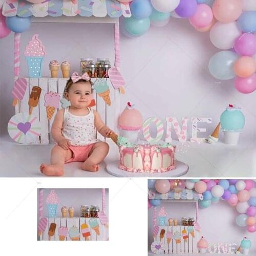 Ice Cream Sweet Children Birthday Portrait Backdrop Photo Studio Colorful Balloons Newborn Baby Birthday Cake Smash Background