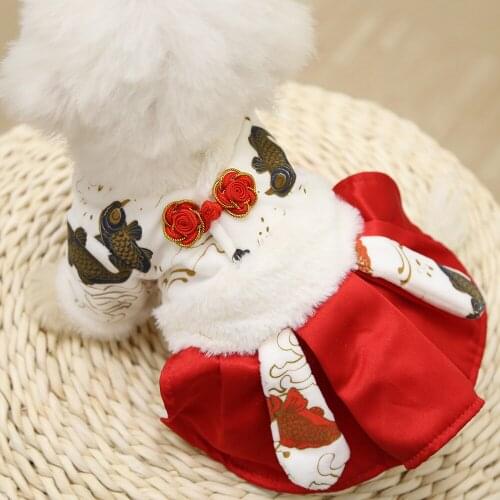 Chinese Style New Year Dress Printed Plush Dog Skirt Pet Cloth Dog Dress For Christmas Puppy Pet Cat Cotton Warm Costumes ZH761