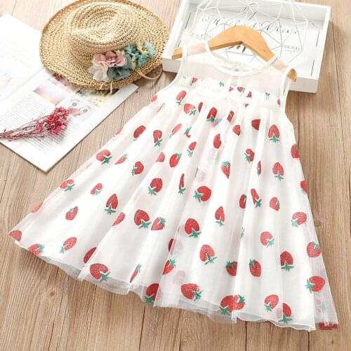 Lace Little Princess Dresses Summer Solid Sleeveless Tulle Dresses For Girls 3-5-7 Years Clothes Cute Strawberry Print Dress