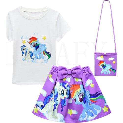 Summer Fashion Childrens Clothing Kids T-shirt + skirt Suits Cartoon My Little Pony Printed Girls Casual Suit With Bag