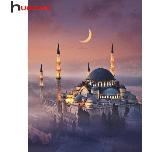 Huacan Diamond Painting Set Castle Night Scenery Paintings For Interior Mosaic Church Embroidery Landscape Home Decor