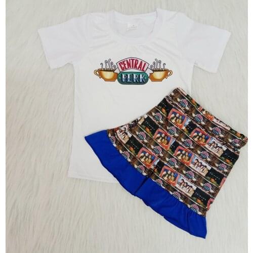 New arrival 2020 girl white top anddark blue ruffle shorts set girl summer outfit with coffee pattern