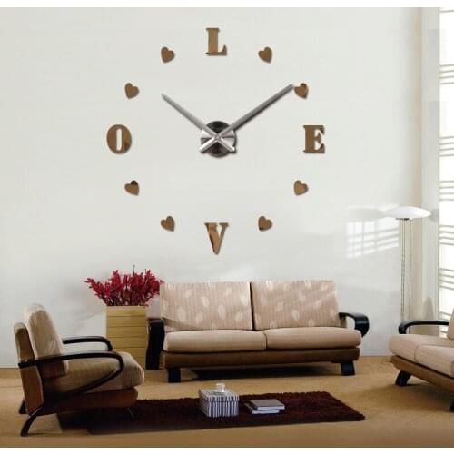 New real metal 3d diy acrylic mirror wall clock watch clocks home decoration modern needle quartz stickers love letters