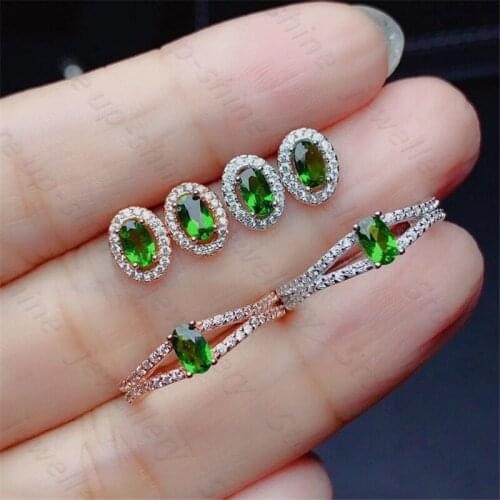 New natural diopside ring earring set 925 silver grandma green diopside ladies jewelry set fresh and lovely