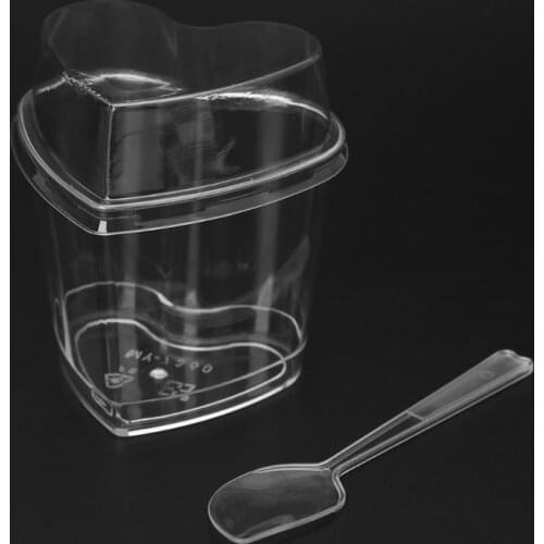 10Pcs Disposable Hard Plastic Mousses Dessert Cup Heart Shape With Spoons Lids AXYC