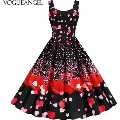 Sexy Retro Heart Print Party Dress 2021 A-line Slim Vintage Halter Dress 50s 60s Gothic Pin Up Rockabilly Dress Plus Size