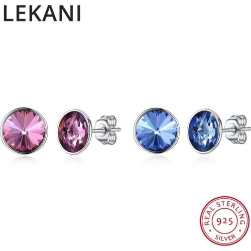 LEKANI Crystals From SWAROVSKI Stud Earrings Simple Fashion Round Piercing S925 Silver Fine Jewelry For Women Girls