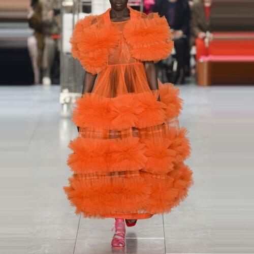 2020 Chic Prom Dresses Sheer Orange Tulle Fluffy Short Sleeves A-line Evening Pageant Party Long Gowns For Women