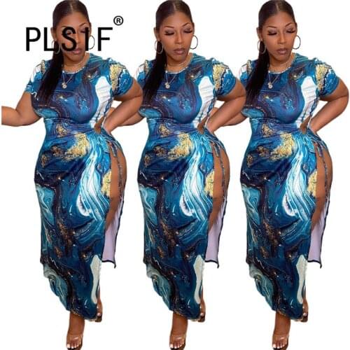 Blue O Neck Short Sleeve Skinny Long Dress Sexy Tight Club Party Lady Fashion Dress