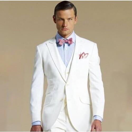 Ivory Wedding Suits For Men, Bespoke Peak Lapel Ticket Pocket Ivory Suits with Ivory Vest, Tailor Made Groom Wear Ivory