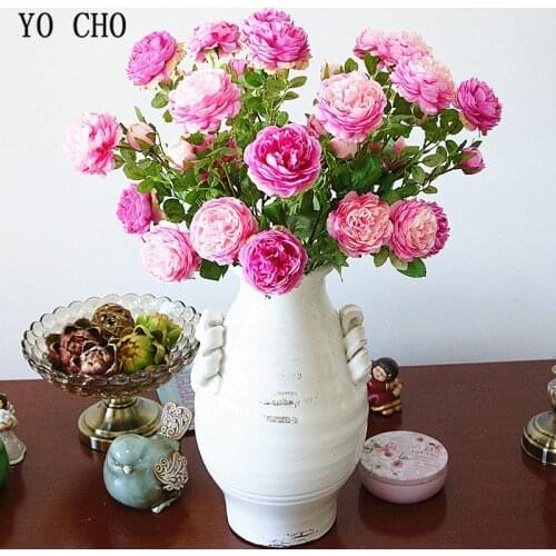 YO CHO Bridal Wedding Bouquet Artificial Silk Rose Peony Flowers 3 Heads Bouquet Home Party Prom Office Decor Flower Arrangement