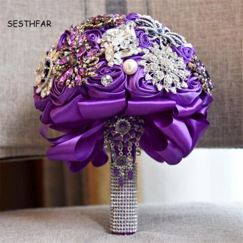 High Quality Jewelr Brooches Crystal Wedding Bouquet Purple Silk Rose Wedding Flowers Bridal Bouquet Brides Accessories