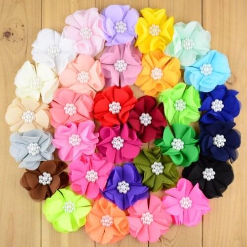 Yundfly 30PCS New Chiffon Fabric Flower with Pearl Center For Baby Girls Hair Ornaments Accessories