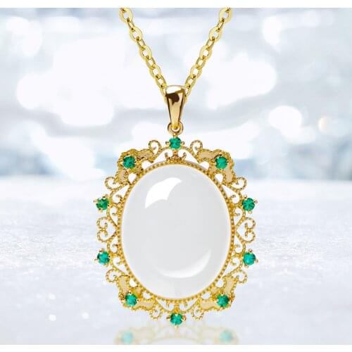 Vintage carving white jade gemstones emerald zircon diamonds pendant necklaces for women gold color jewelry bijoux bague party