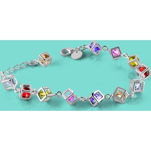 100% 925 Sterling Silver Bracelet Womens Bohemian Color Zircon Silver Chain 21CM Fine Jewelry Lobster Clasp Christmas Gift