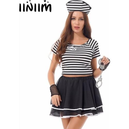 Halloween Women Prisoner Role Play Costume Outfit Striped Short Sleeve T-shirt Layered Flared Skirt T-back Hat Gloves Hand Cuffs