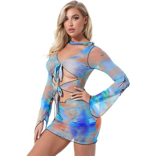 Women Lace-up Openwork High Waist Street Dress Sexy Party Club Rave Transparent Mesh Flare Sleeve Mini Dresses Butterfly Printed