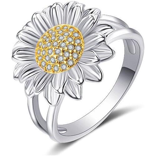 Charm Female Sunflower Crystal Ring Charm Gold Silver Color Engagement Ring Cute White Round Zircon Wedding Rings For Women