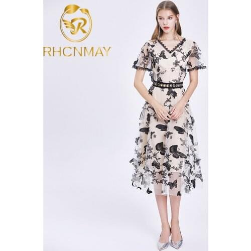Women Fashion Runway A-Line Dress Summer Sexy V-Neck Butterfly Embroidery High Waist Female Mesh Holiday Long Dresses