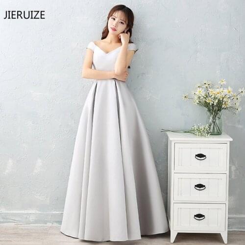 JIERUIZE Silver Cap Sleeves Cheap Evening Dresses Long 2019 V-neck A-line Long Prom Dresses Party Dresses robe longue