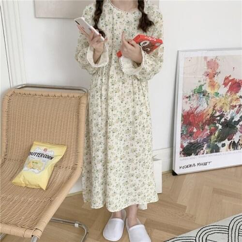 Long sleeve autumn nightgown women 100% cotton floral print lacework floral print loose gauze cotton long dress sleepwear L427