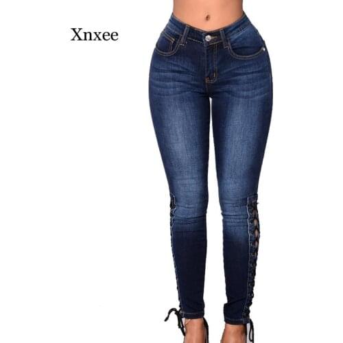 Woman High Waist Pencil Jeans Trousers Lace Up Denim Pants Skinny Stretch Slim Solid Leggings Fashion Bottoms Bodycon Clothing