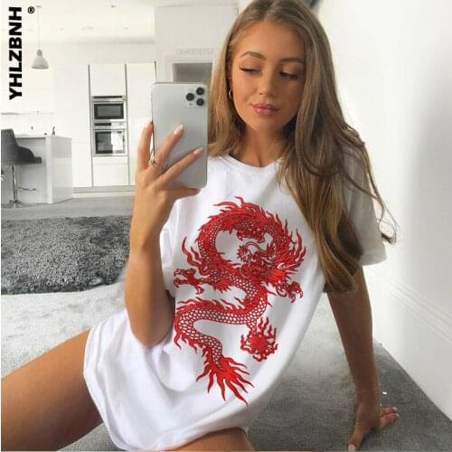 YHLZBNH Dragon Print T-Shirt Women Plus Size Short Sleeve Casual Streetwear Oversized Long Shirts Basic Tshirts Ladies Summer