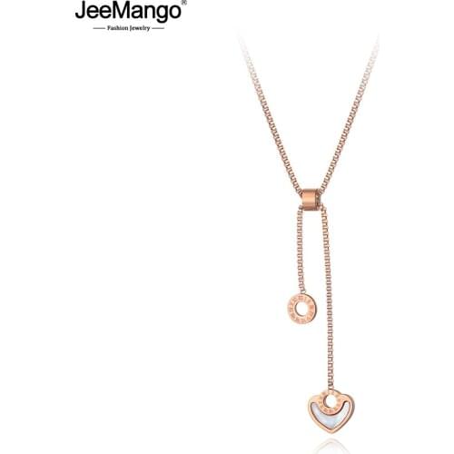 JeeMango Roman Numeral Circle & Heart Stainless Steel Women Wedding Necklace Jewelry Trendy Charm Shell Choker Necklaces JN19048