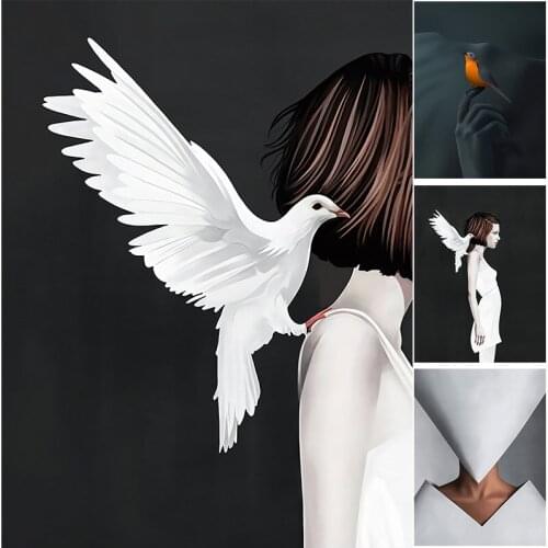 Post Modern Figure Painting, Beautiful Women and Bird Canvas Painting, Simple Black Art Poster, Club Gift, Printing Mural