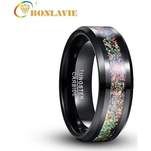 8mm Black Color Electroplated Polished Natural Colorful Opal Tungsten Carbide Rings Mens Jewelry Wedding Bands Rings