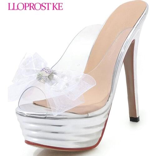 Lloprost ke Fashion Super High Heel Party Shoes Summer Lady Platform Transparent Clear Slides Butterfly-knot Stiletto Sandals