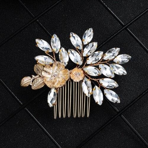 Gold Color Small Wedding Hair Combs Rhinestone Bridal Hair Jewelry Accessories Handmade Flower Crystal Women Head Ornament