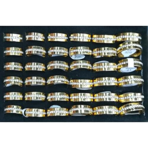 Fashion Mens Gold Color Stainless steel Rings Inlay One Strip Of Rhinestone 36pcs/lot