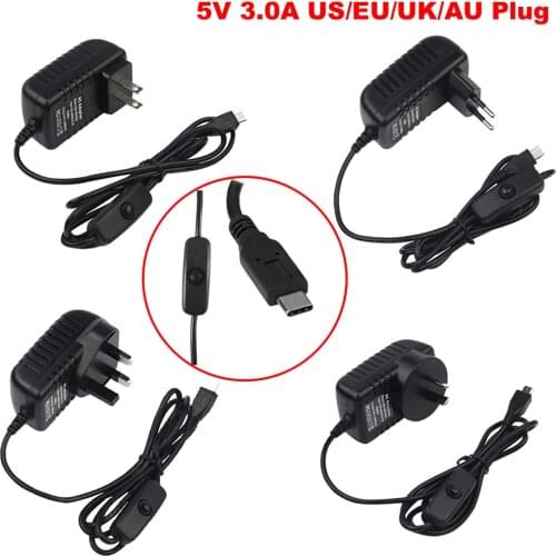Raspberry Pi 4 Power Supply Adapter ON/OFF Switch USB-C 5V 3.0A US/EU/UK/AU Plug
