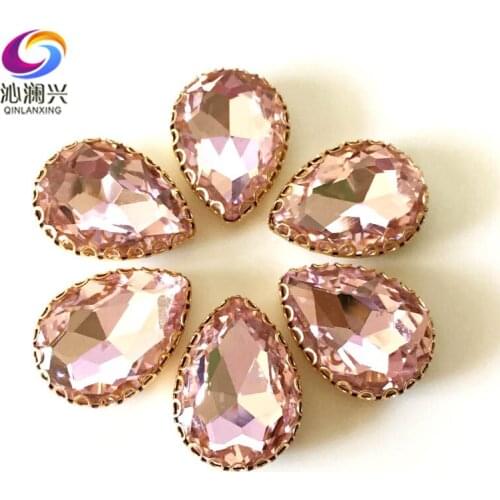 Pink color Drop shape top glass crystal lace claw rhinestones,golden base sew on stone for Diy/Clothing accessories HGS08