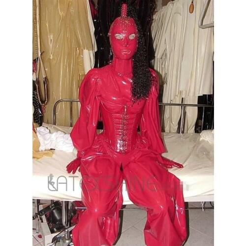 Sexy Red Latex Lantern Full Body Clothes with Latex Corset Womens Sexy Rubber Costumes