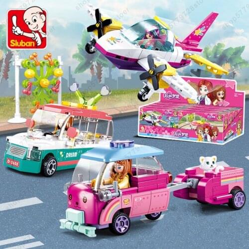 Sluban pink dream building blocks children assembled airplane submarine pet courtesy car girl intellectual toy set Gifrs for kid