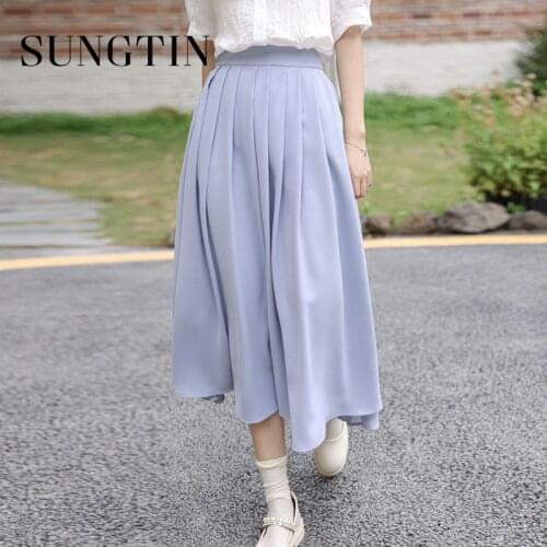 Sungtin A Line Sweet Long Skirts for Women Pleated Loose Solid Skirt Korean Chic 2021 New Summer Black Skirts Student 3 Colors