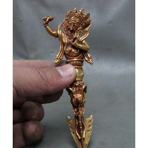 Tibet Buddhism Bronze Gilt Gold Vajrapani Chana Dorje Phurba Dagger Holder FaQi