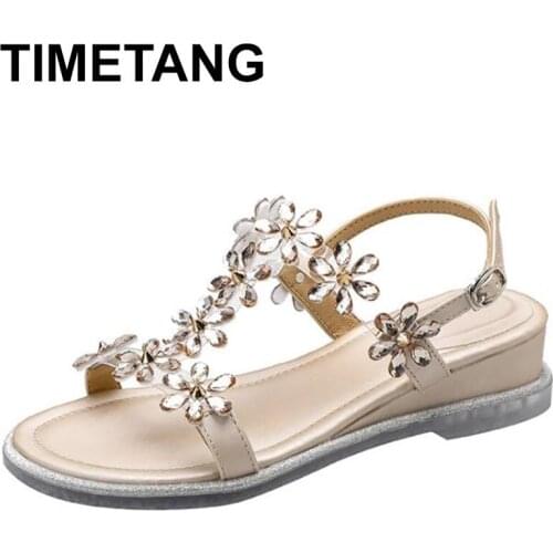 TIMETANGSummer New Women Sandals Wedges Footwear Ladies Shoes Fashion Rhinestone Comfortable Casual Buckle Female Flat BeachShoe