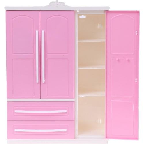 Three-door Pink Modern Wardrobe for Dolls Furniture Clothes Accessories Toys