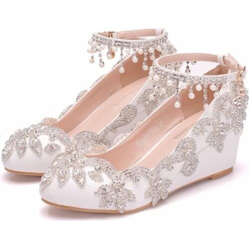 Crystal Queen Fashion Wedding Shoes 5CM Bride High Heels Crystal Pumps Wedges Evening Party Dress Elegant Shoes Heel BIG Size 41