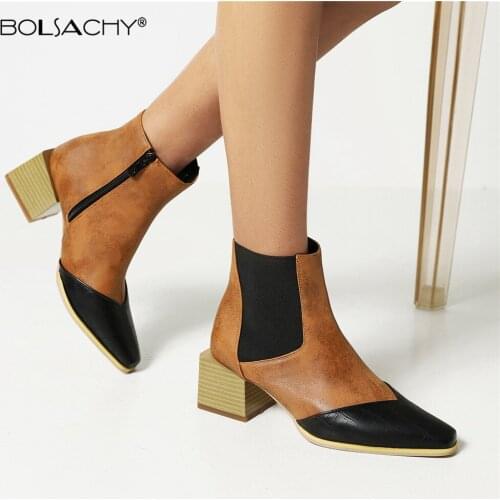 2021 Spring Autumn Women Boots Chunky Square heel Ankle Boots Fashion Lattice Winter Zipper Woman Boots Shoes Brown Blue Black