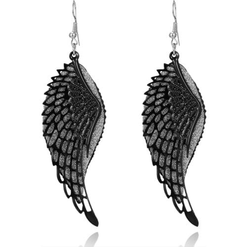 Fashion Big Gray Brand Bohemia Metal Scrub Round Wings Drop Earrings For Women Jewelry Silver Color Feather Dangle Drop Earring