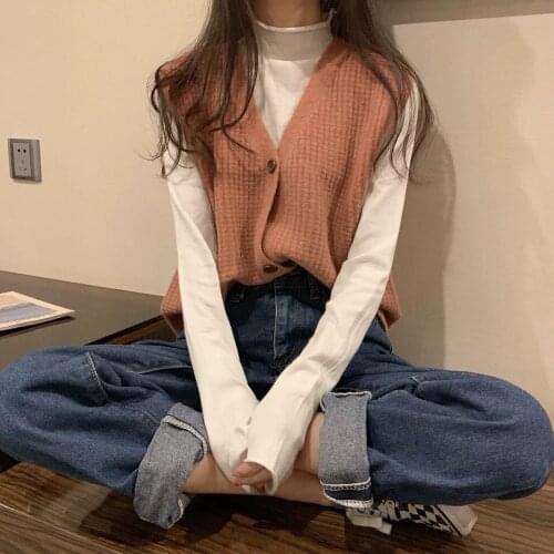 Knitted Waffle V-Neck Sleeveless Womens Vests Single Breasted Female Vest Buttons Solid Ladies Sweaters