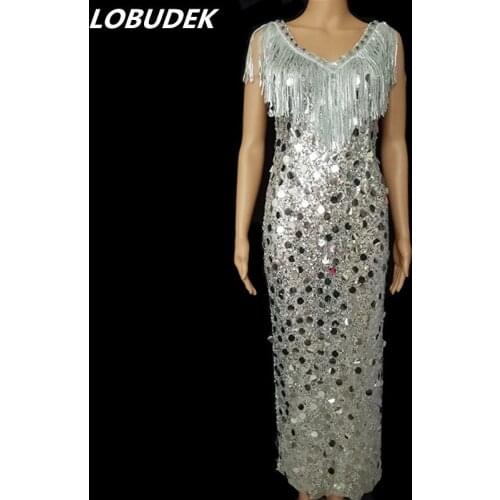 Women V-neck Sleeveless Glitter Sequins Silver Tassels Slit Dress Fashion Birthday Celebration Evening Singer Host Long Dresses