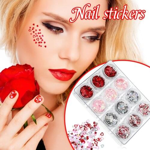 12 Boxes Of Valentines Day Heart-shaped Design Decoration in Wheel DIY Colorful Glitter Nail Art Color Mixed Heart-shap